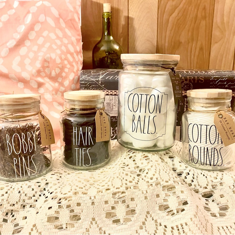 Rae Dunn Small Jar Set - Hair Ties, Bobby Pins, Cotton Rounds and Cotton Balls